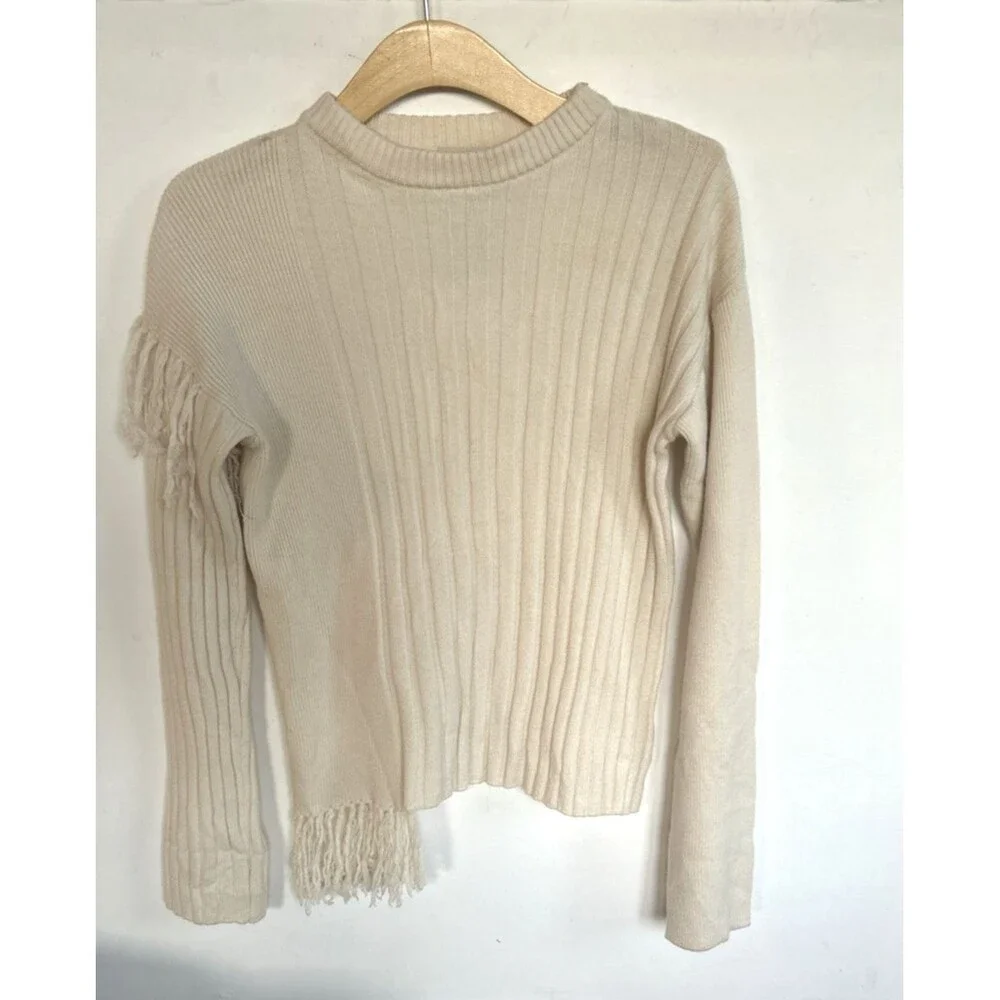 Xu Zhi x Fabrique Ivory Ribbed Knit Asymmetric Fringe Crewneck Wool Sweater Sz S